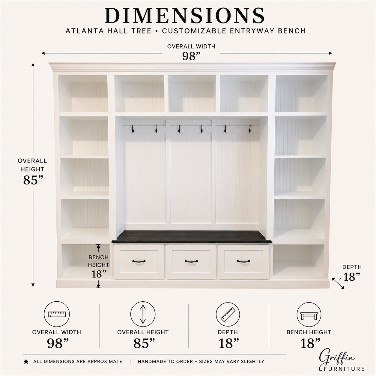 Atlanta Entryway Shoe Storage Bench | Standing Coat Rack | Entryway Furniture | Shoe Cabinet | Mudroom Bench | Hall Tree - Griffin Furniture