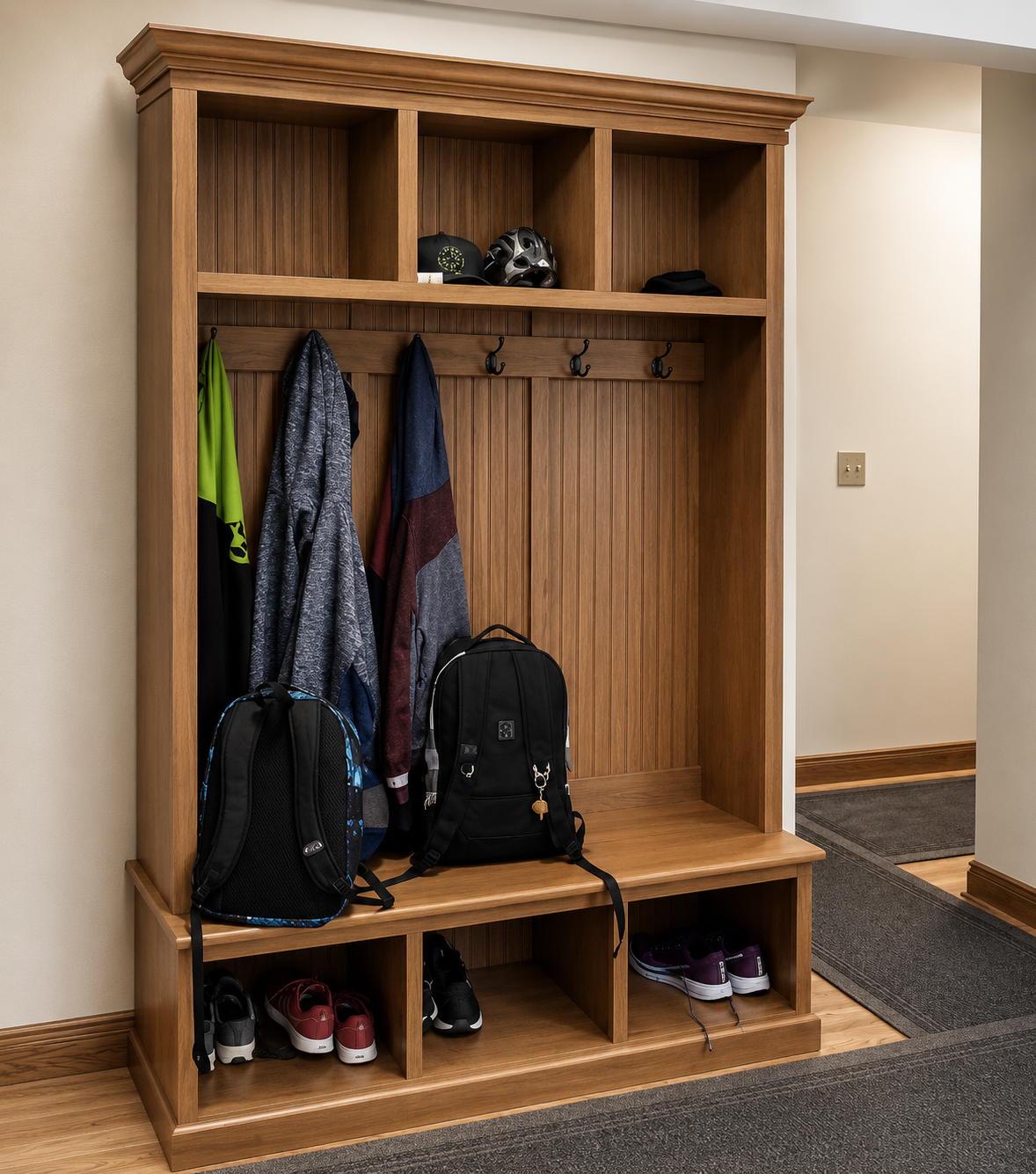Pennsylvania Hall Tree with Shoe Storage Bench – 3-Section Entryway Organizer | Custom Mudroom Furniture - Griffin Furniture