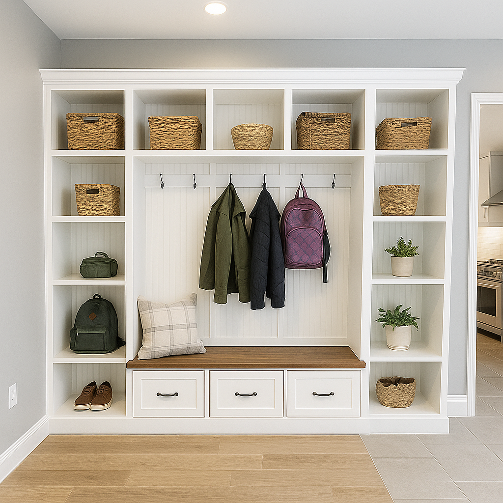 Atlanta Entryway Shoe Storage Bench with Standing Coat Rack | Custom Mudroom Organizer