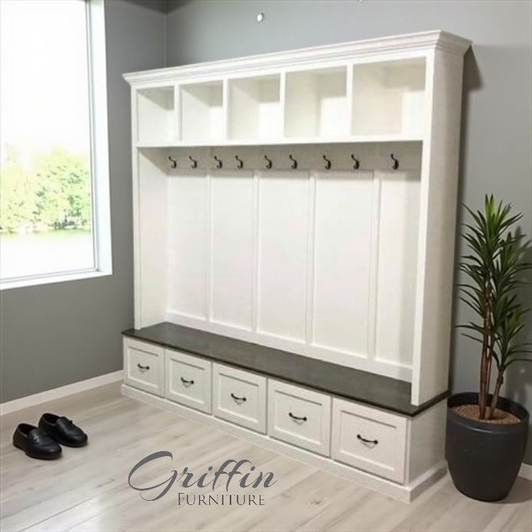 Georgia Mudroom Locker Bench – 5-Section Solid Wood Hall Tree with Shoe Storage | Custom Entryway Furniture & Coat Rack