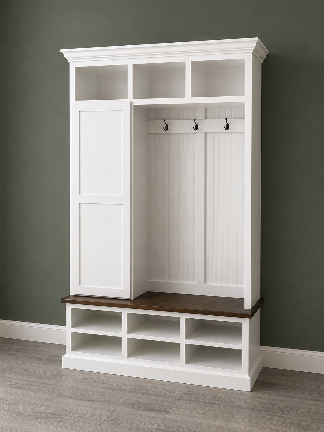 Fort Myers Entryway Hall Tree | 3-Section Mudroom Bench with Coat Rack & Shoe Storage | Custom Wood Entryway Furniture