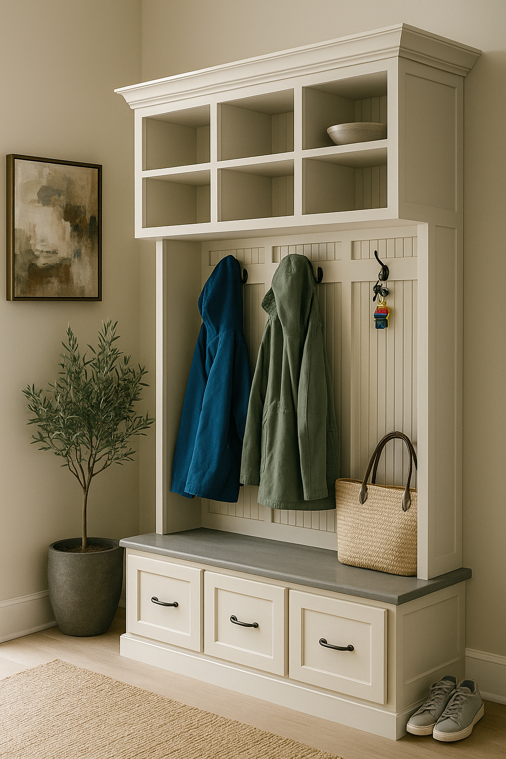 Branson Entryway Bench with Shoe Storage | 3-Section Mudroom Bench, Hall Tree & Wall-Mount Coat Rack – Custom Wood Furniture