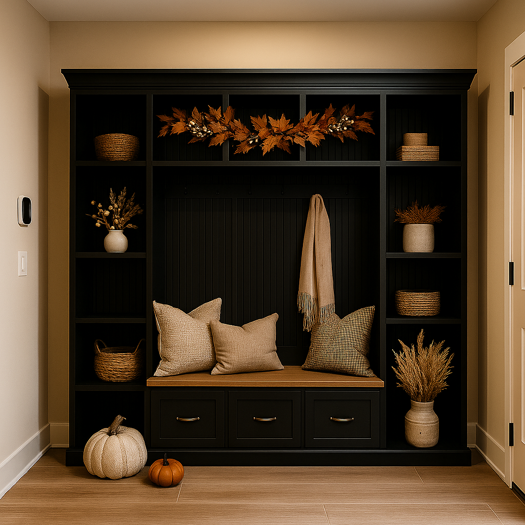 Atlanta Entryway Shoe Storage Bench with Standing Coat Rack | Custom Mudroom Organizer