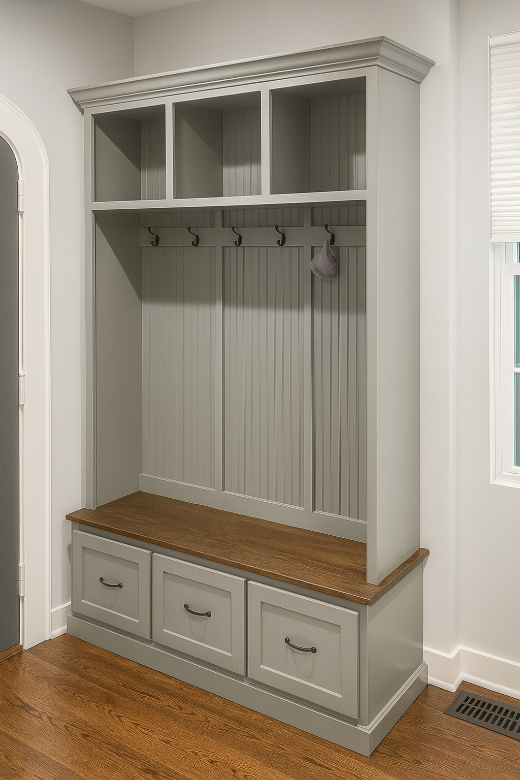 Georgia 3-Section Entryway Bench | Mudroom Hall Tree with Storage & Coat Hooks | Solid Wood Custom Furniture