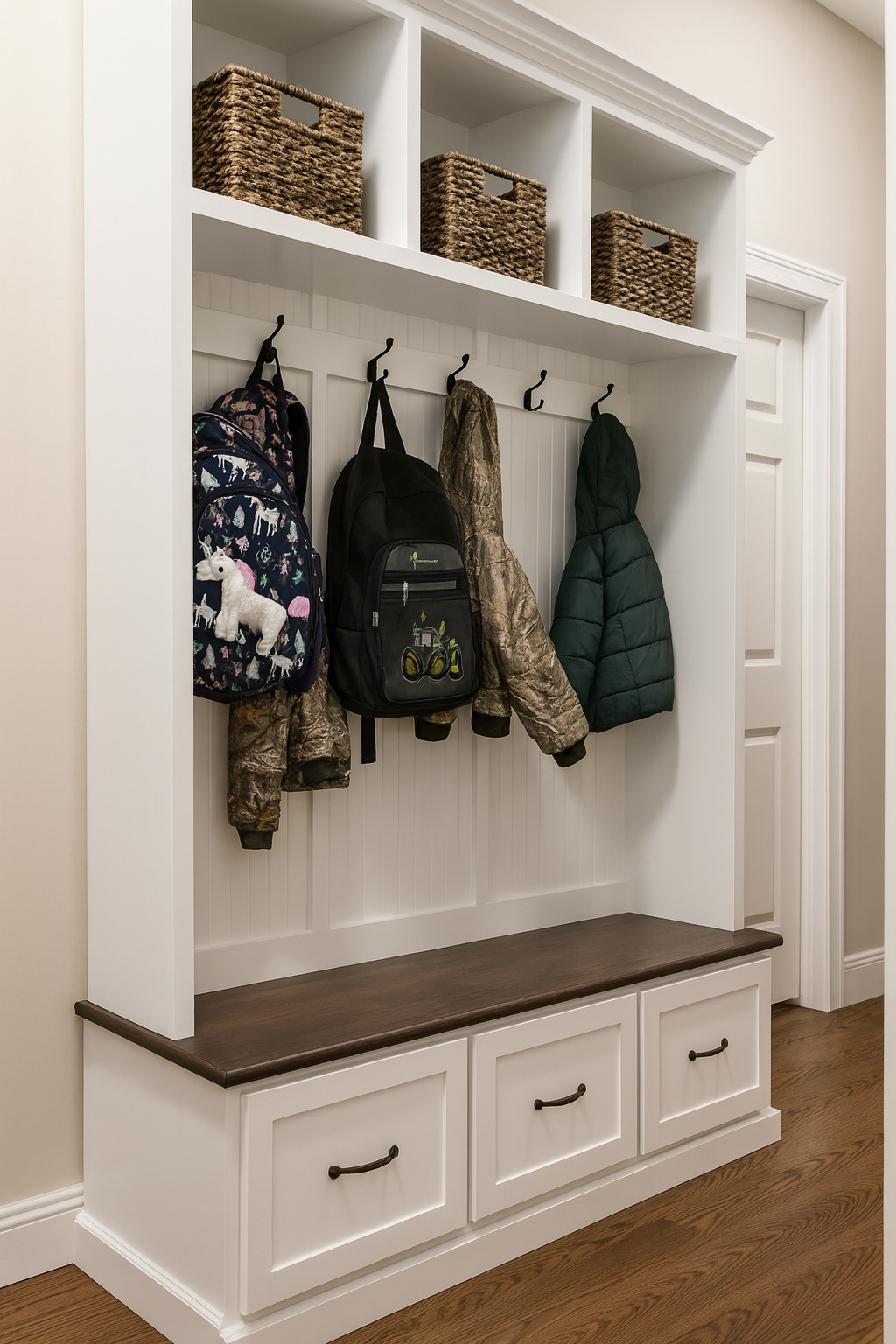 Georgia 3-Section Entryway Bench | Mudroom Hall Tree with Storage & Coat Hooks | Solid Wood Custom Furniture