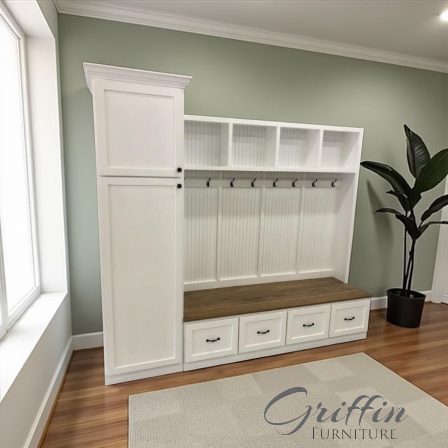 Holbrook Standing Coat Rack | Entryway Shoe Storage Bench | Hall Tree | Shoe Storage | Mudroom Locker (4-section)