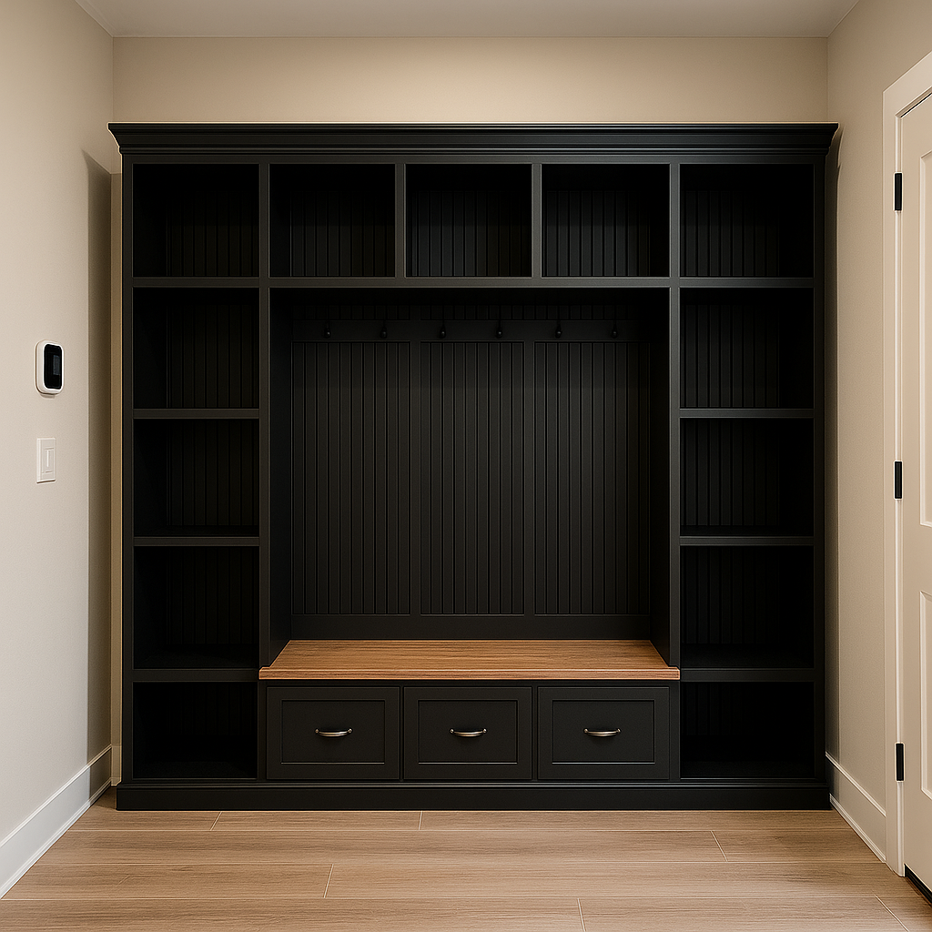 Atlanta Entryway Shoe Storage Bench with Standing Coat Rack | Custom Mudroom Organizer