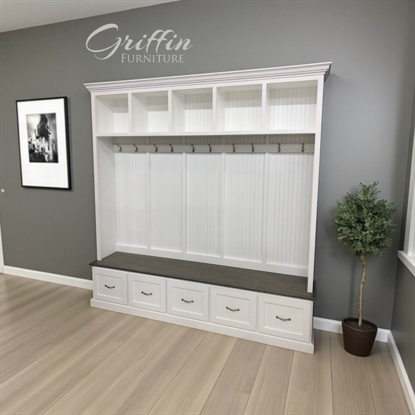 Georgia Mudroom Locker Bench – 5-Section Solid Wood Hall Tree with Shoe Storage | Custom Entryway Furniture & Coat Rack