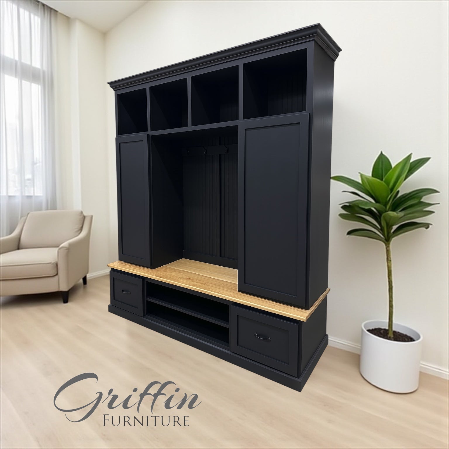 Florida Mudroom Locker Bench with Hall Tree | Custom Storage Solution for Entryways