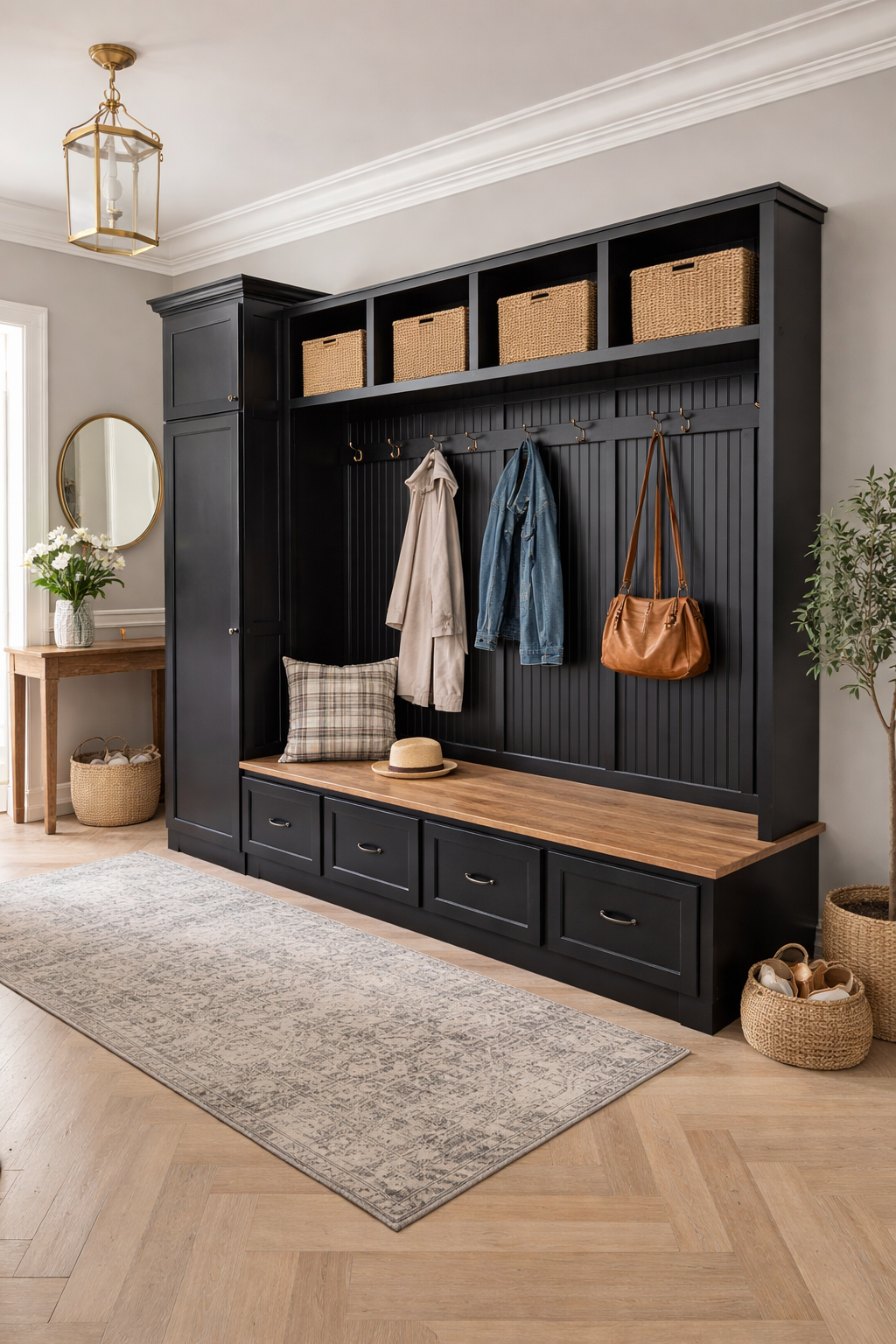 Holbrook Standing Coat Rack | Entryway Shoe Storage Bench | Hall Tree | Shoe Storage | Mudroom Locker (4-section) - Griffin Furniture