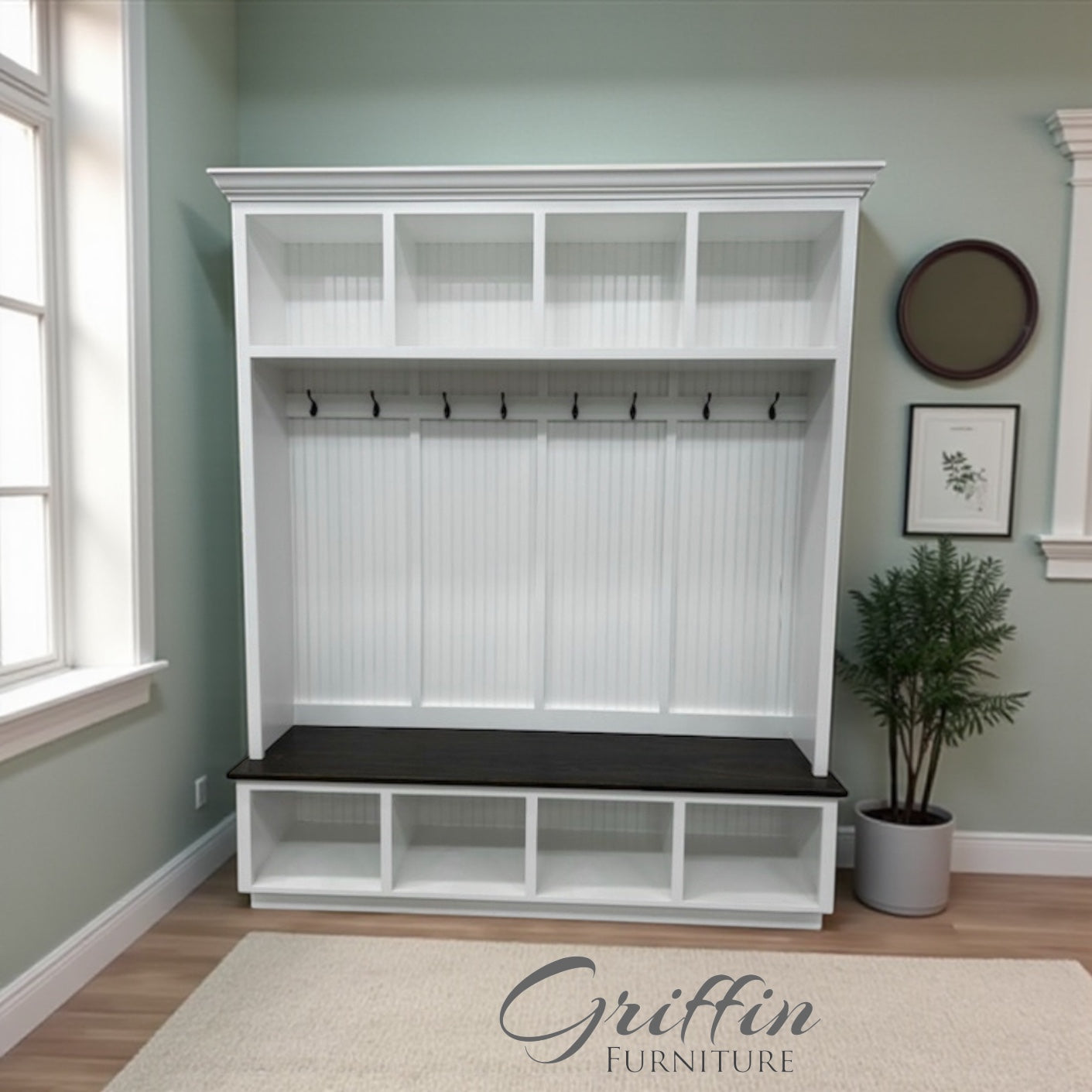 Houston Hall Tree with Bench and Shoe Storage | Solid Wood Mudroom Organizer | Entryway Coat Rack with Cubbies 4-section