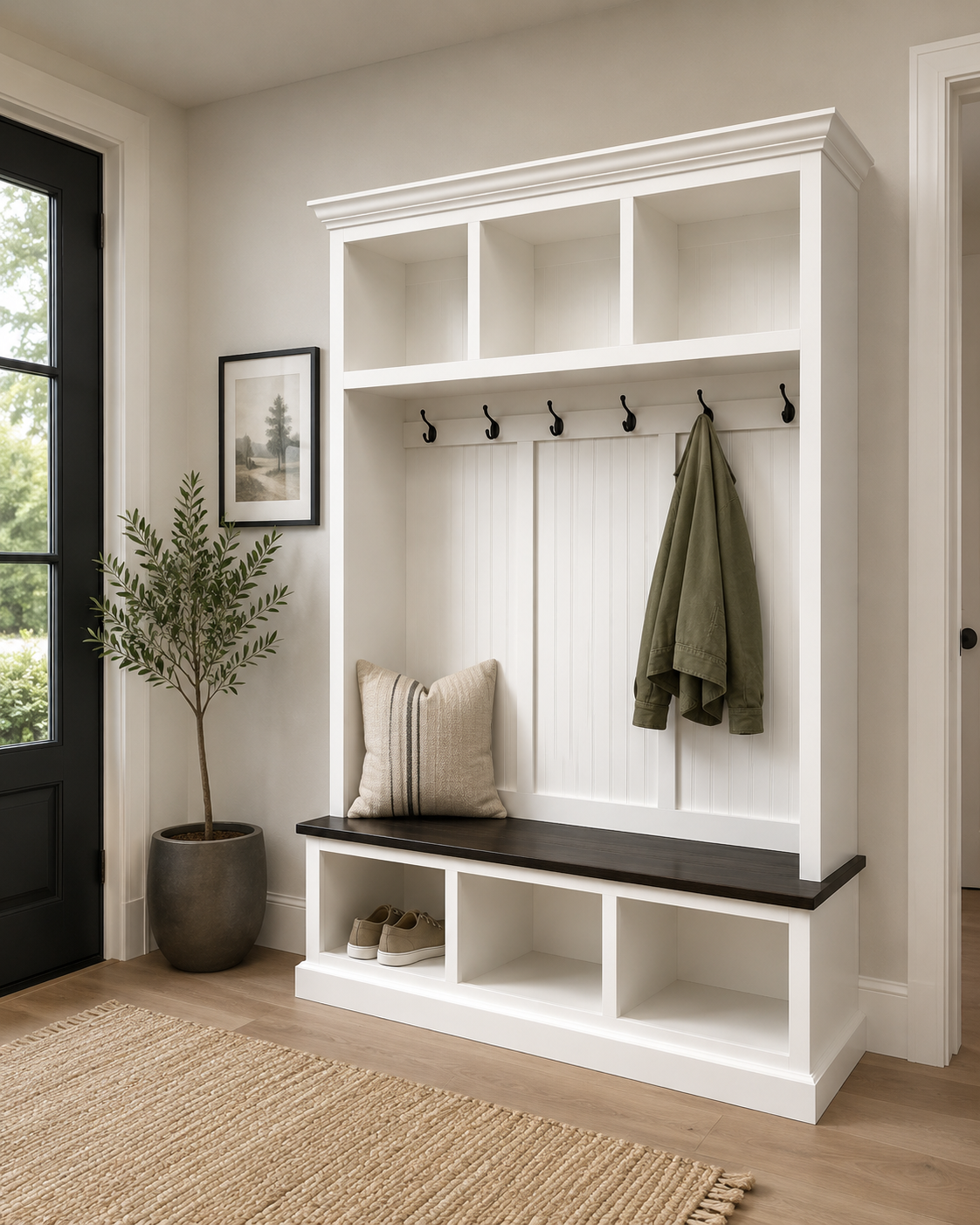 Pennsylvania Hall Tree with Shoe Storage Bench – 3-Section Entryway Organizer | Custom Mudroom Furniture - Griffin Furniture