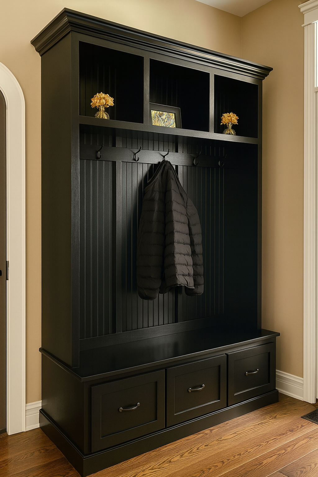 Georgia 3-Section Entryway Bench | Mudroom Hall Tree with Storage & Coat Hooks | Solid Wood Custom Furniture