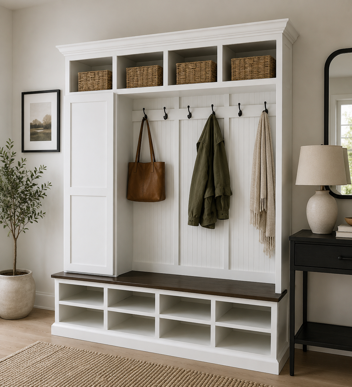 Fort Myers Entryway Shoe Cabinet | 4-Section Hall Tree Bench & Mudroom Storage