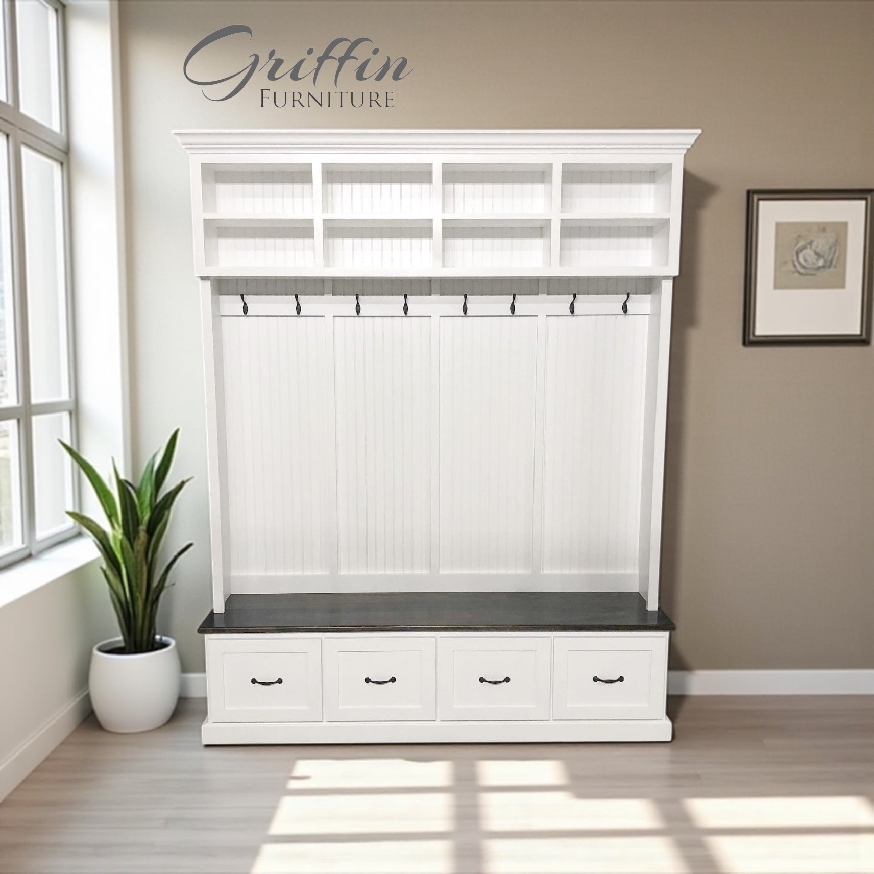 Branson Entryway Storage Bench with Coat Rack | 4-Section Hall Tree for Mudroom Organization | Custom Entryway Furniture