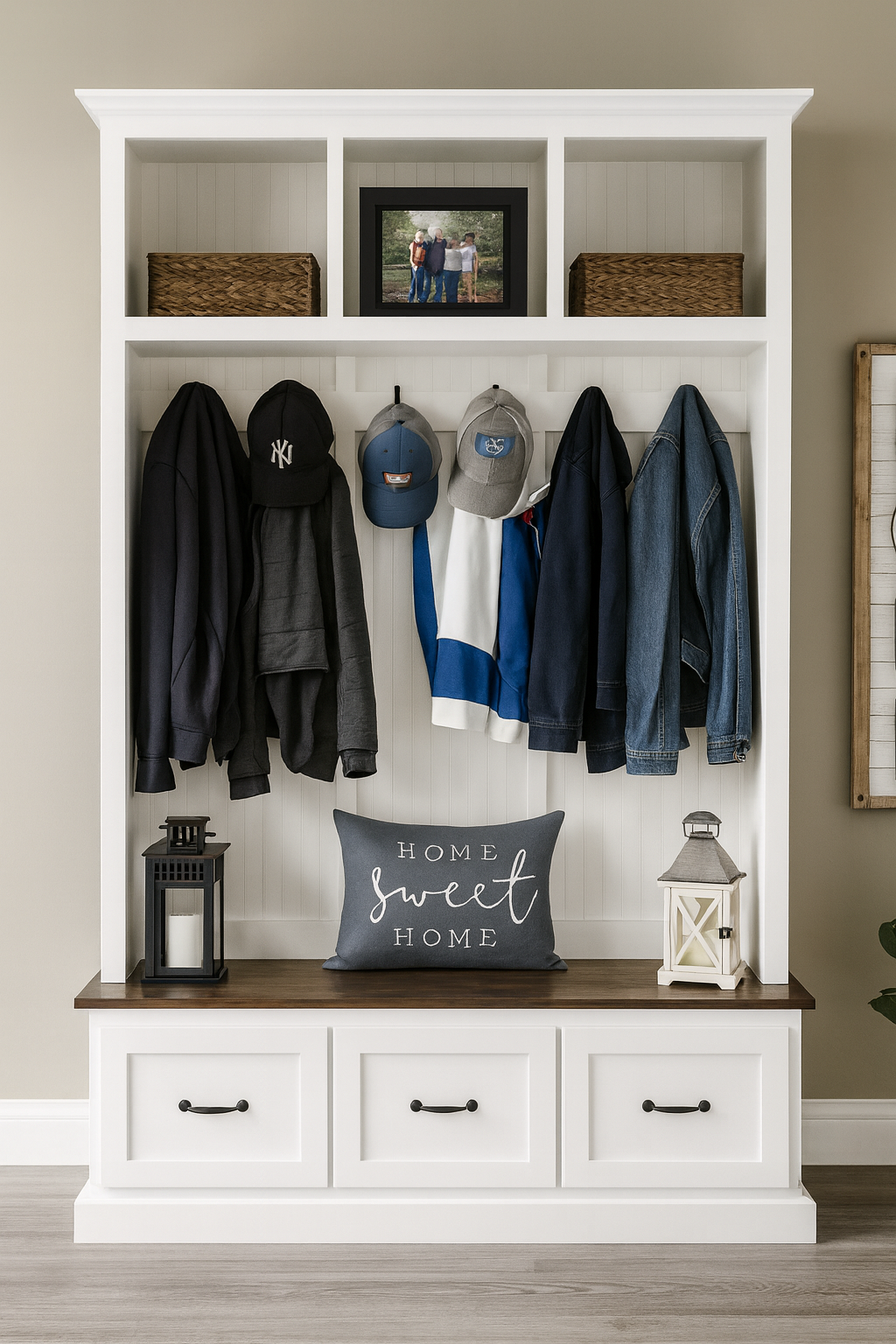 Georgia 3-Section Entryway Bench | Mudroom Hall Tree with Storage & Coat Hooks | Solid Wood Custom Furniture