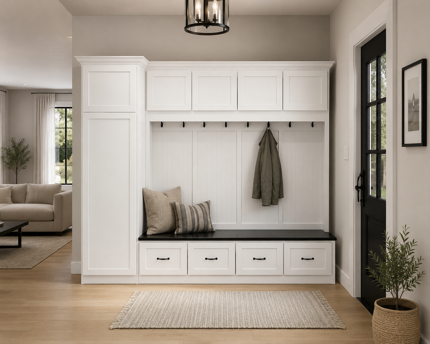 Jacksonville Coat Rack with Bench | Entryway Hall Tree | Standing Mudroom Organizer with Storage | Solid Wood Furniture (4-section) - Griffin Furniture