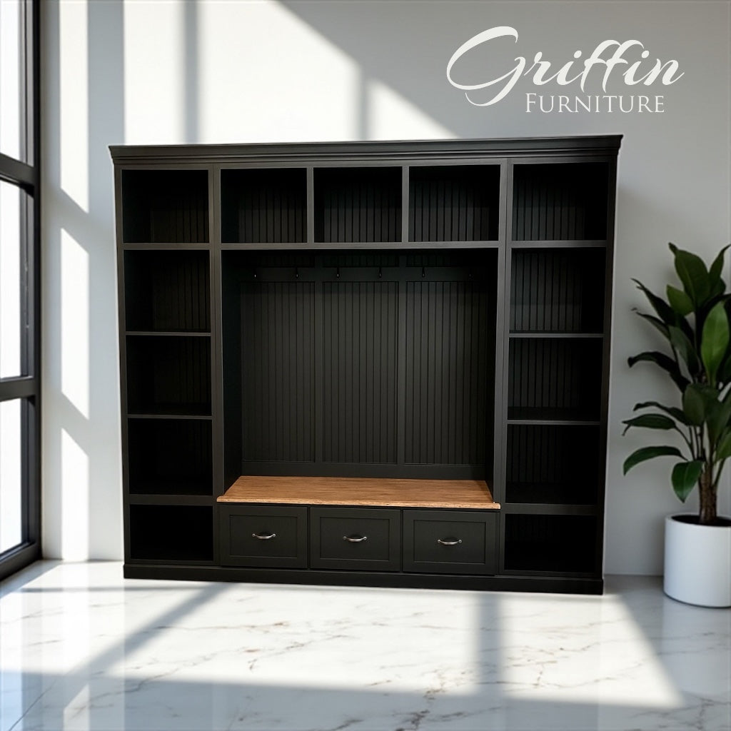 Atlanta Entryway Shoe Storage Bench with Standing Coat Rack | Custom Mudroom Organizer