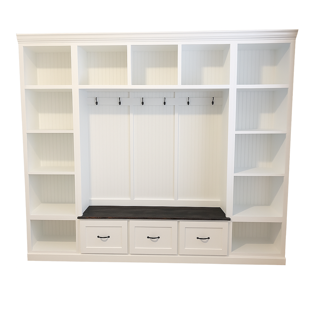 Atlanta Entryway Shoe Storage Bench with Standing Coat Rack | Custom Mudroom Organizer