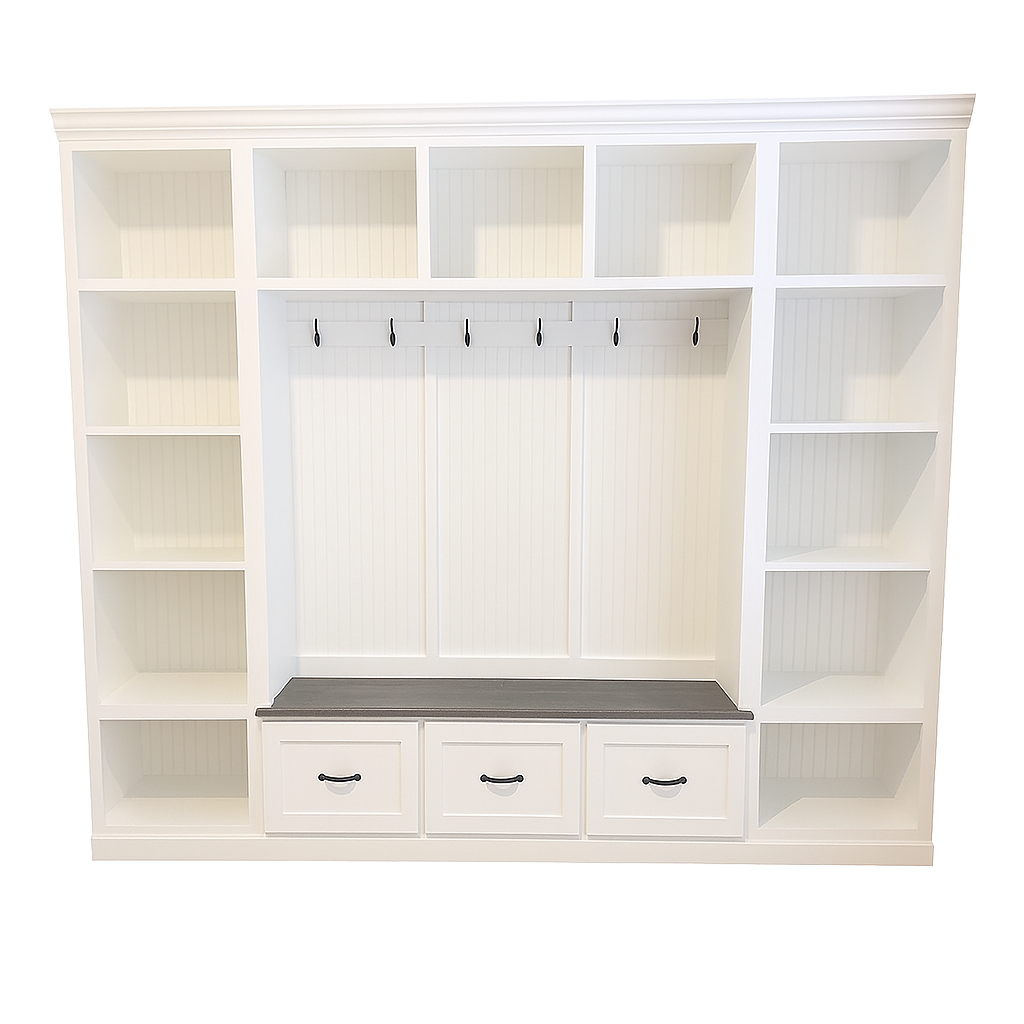 Atlanta Entryway Shoe Storage Bench with Standing Coat Rack | Custom Mudroom Organizer