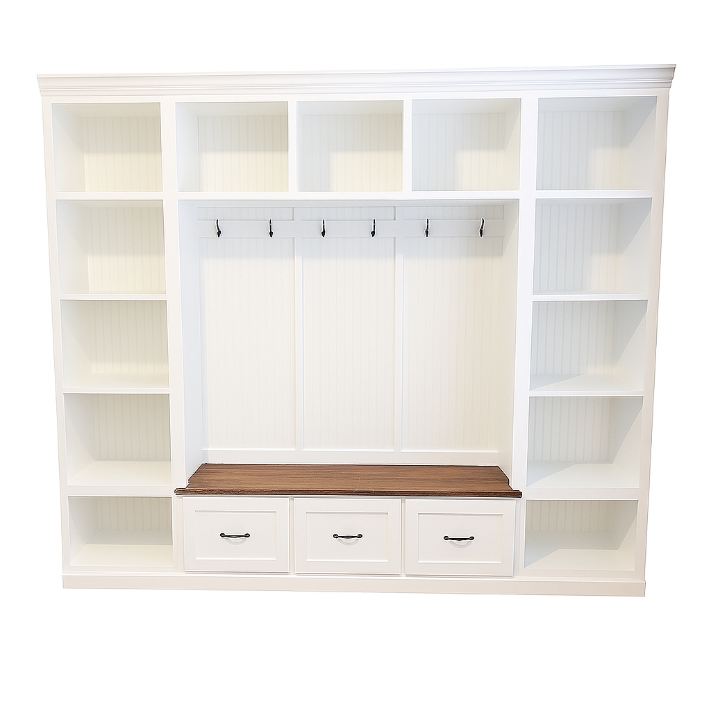 Atlanta Entryway Shoe Storage Bench with Standing Coat Rack | Custom Mudroom Organizer