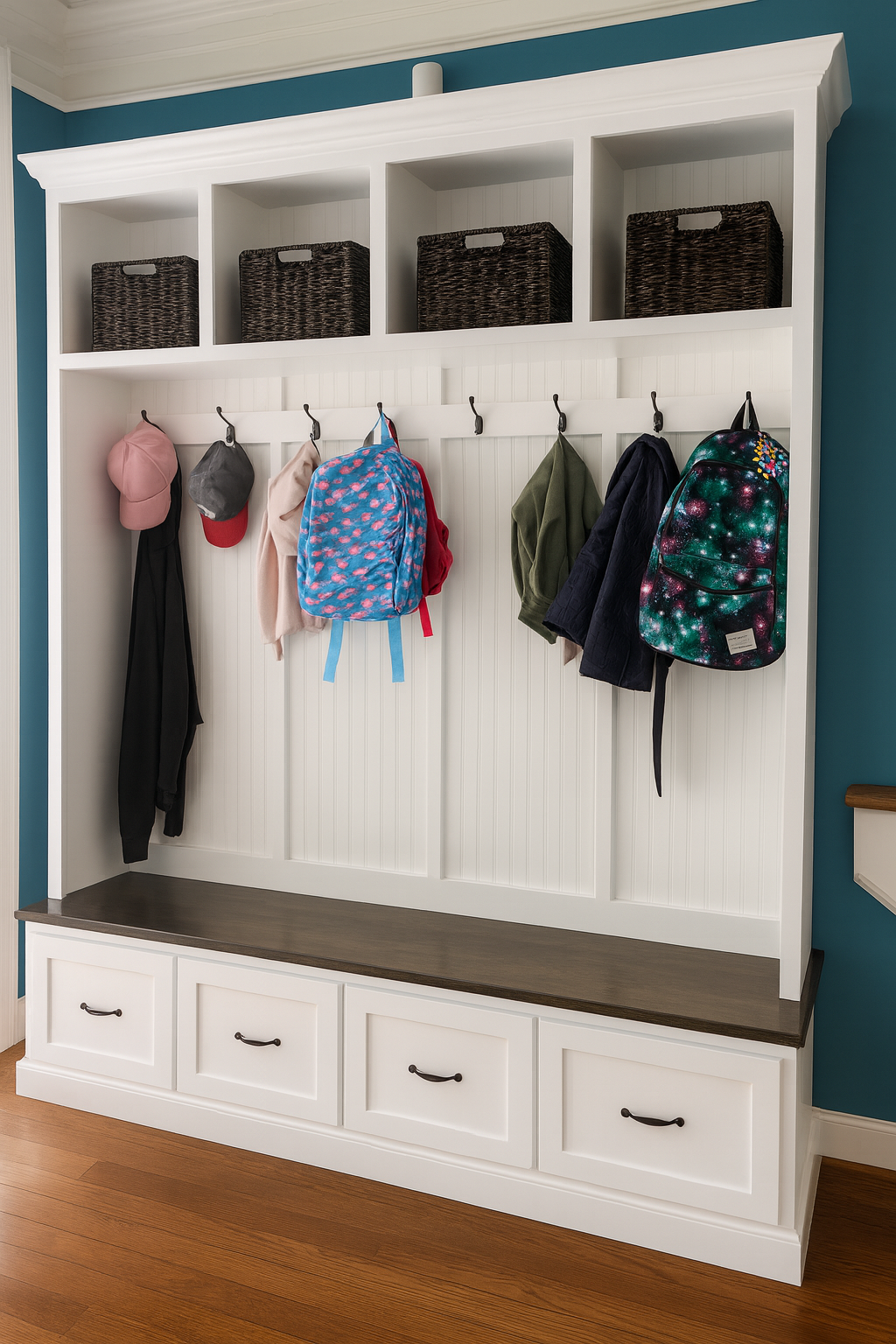 Georgia 4-Section Mudroom Bench with Drawers | Entryway Hall Tree Coat Rack Storage Furniture