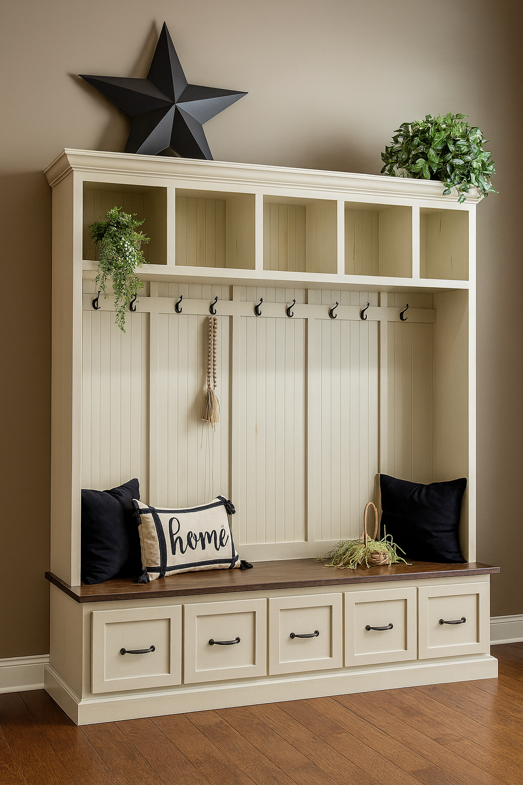 Georgia 5-Section Mudroom Bench with Shoe Storage | Entryway Hall Tree & Coat Rack | Solid Wood Mudbench Organizer Cabinet