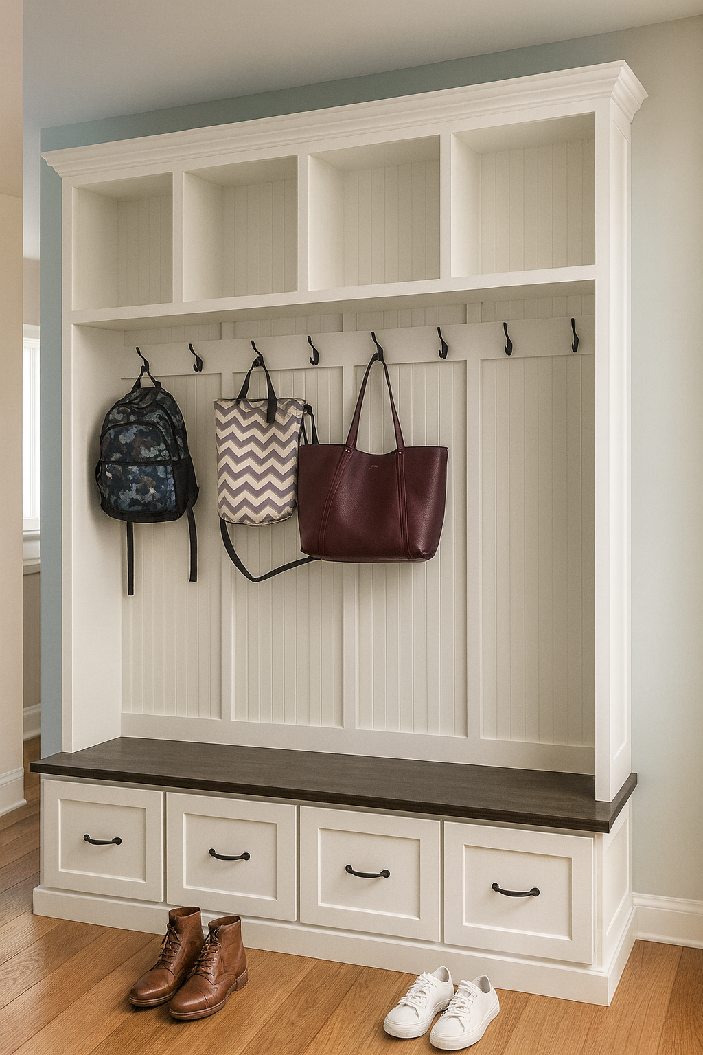 Georgia 4-Section Mudroom Bench with Drawers | Entryway Hall Tree Coat Rack Storage Furniture