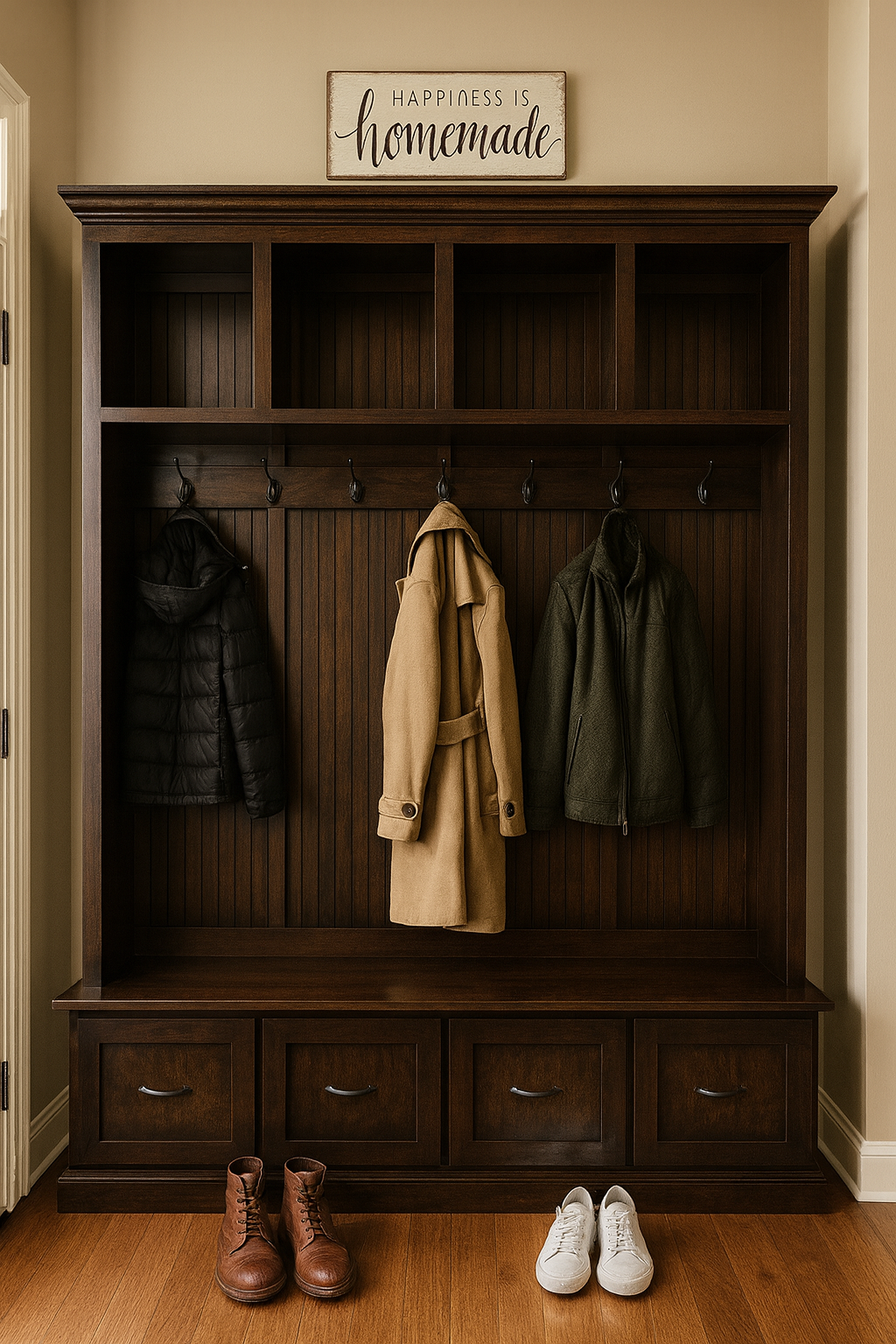 Georgia 4-Section Mudroom Bench with Drawers | Entryway Hall Tree Coat Rack Storage Furniture