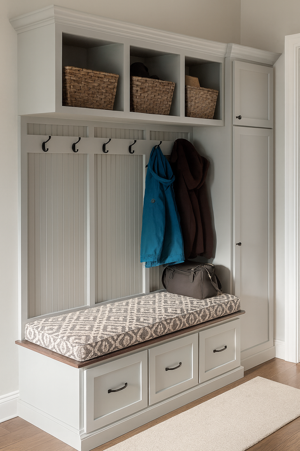 Indiana Entryway Bench with Storage | 3-Section Mudroom Organizer | Solid Wood Front Door Hall Tree Seat