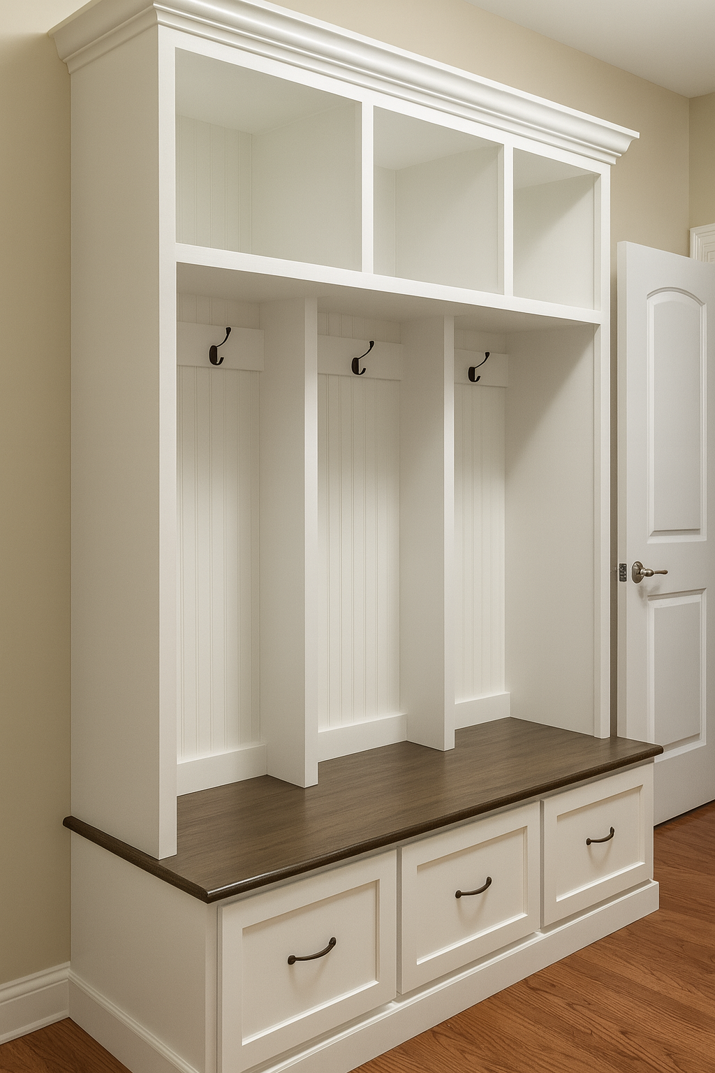 Merrick Mudroom Bench with Coat and Shoe Storage – 3 Section Entryway Organizer | Farmhouse Hall Tree with Hooks and Cubbies