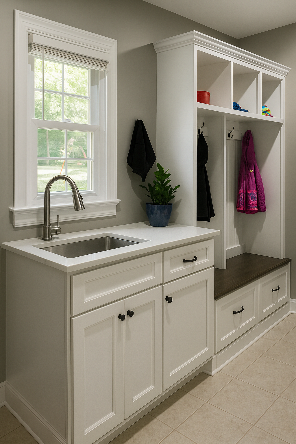 Merrick Mudroom Bench with Coat and Shoe Storage – 3 Section Entryway Organizer | Farmhouse Hall Tree with Hooks and Cubbies