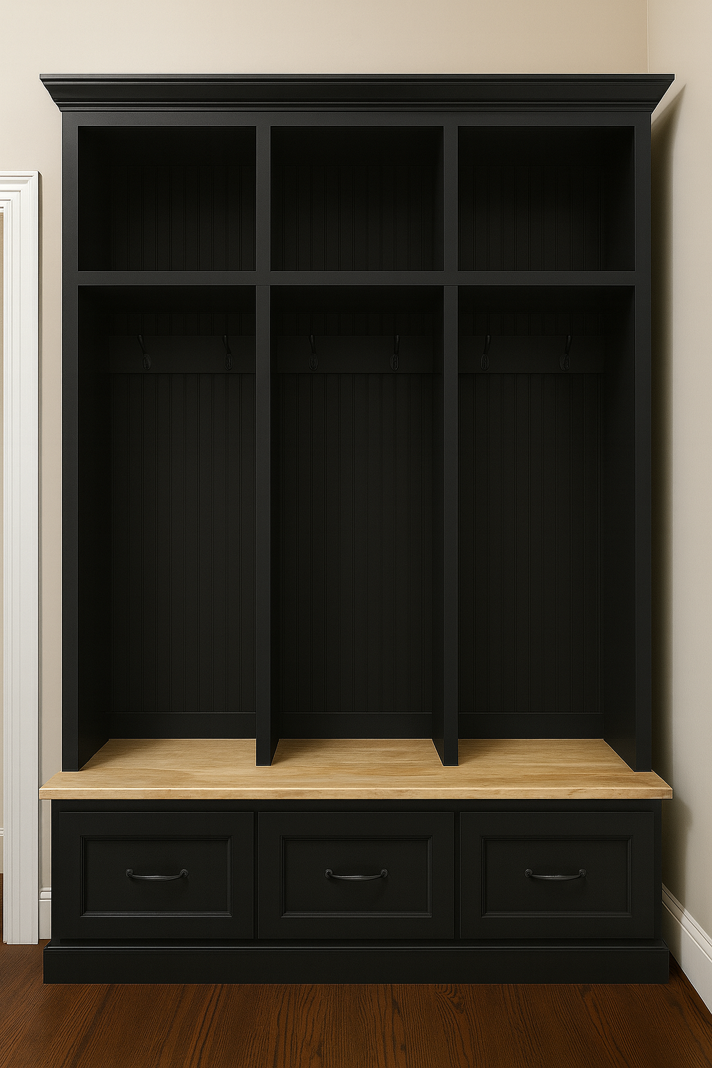 Merrick Mudroom Bench with Coat and Shoe Storage – 3 Section Entryway Organizer | Farmhouse Hall Tree with Hooks and Cubbies