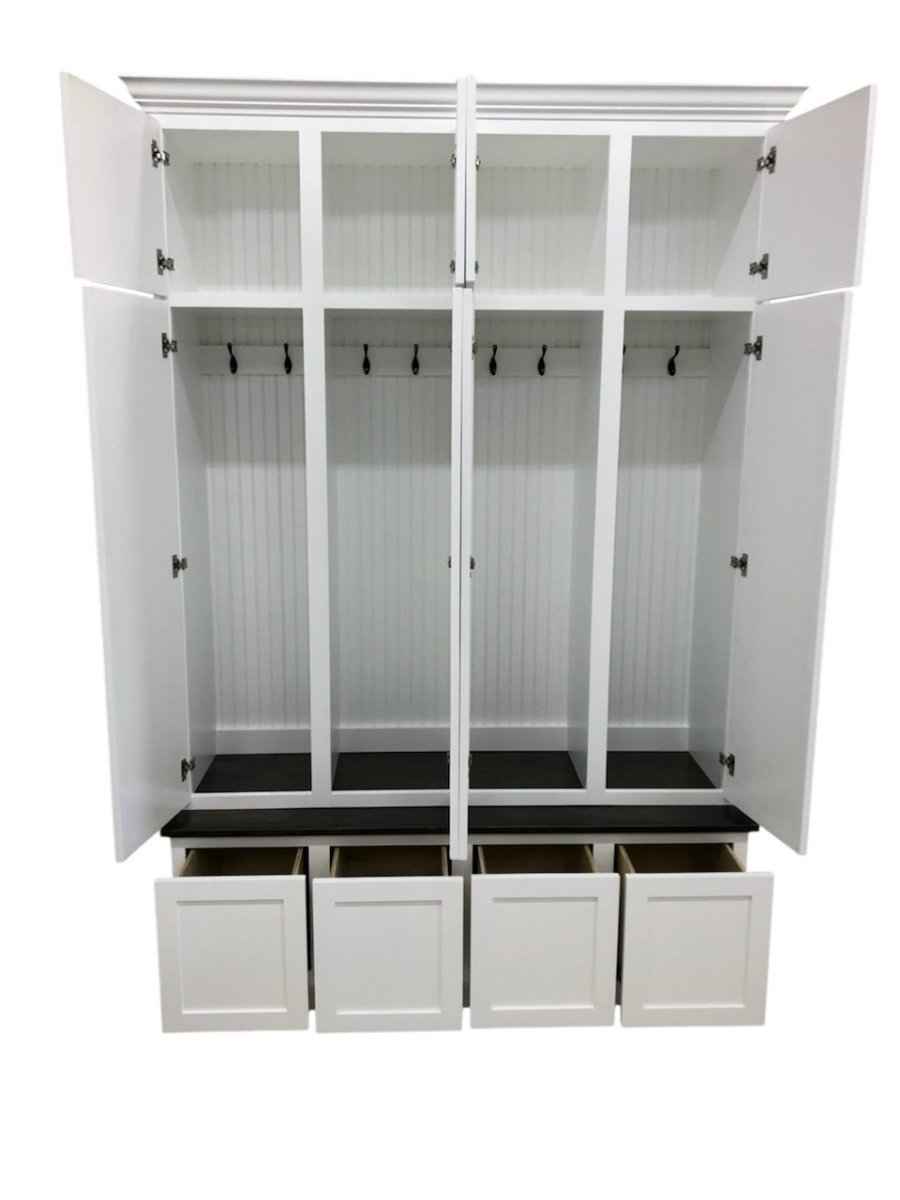 Ashville Custom Shoe Storage Bench with Drawers, Cubbies & Hooks | Wood Hall Tree Furniture