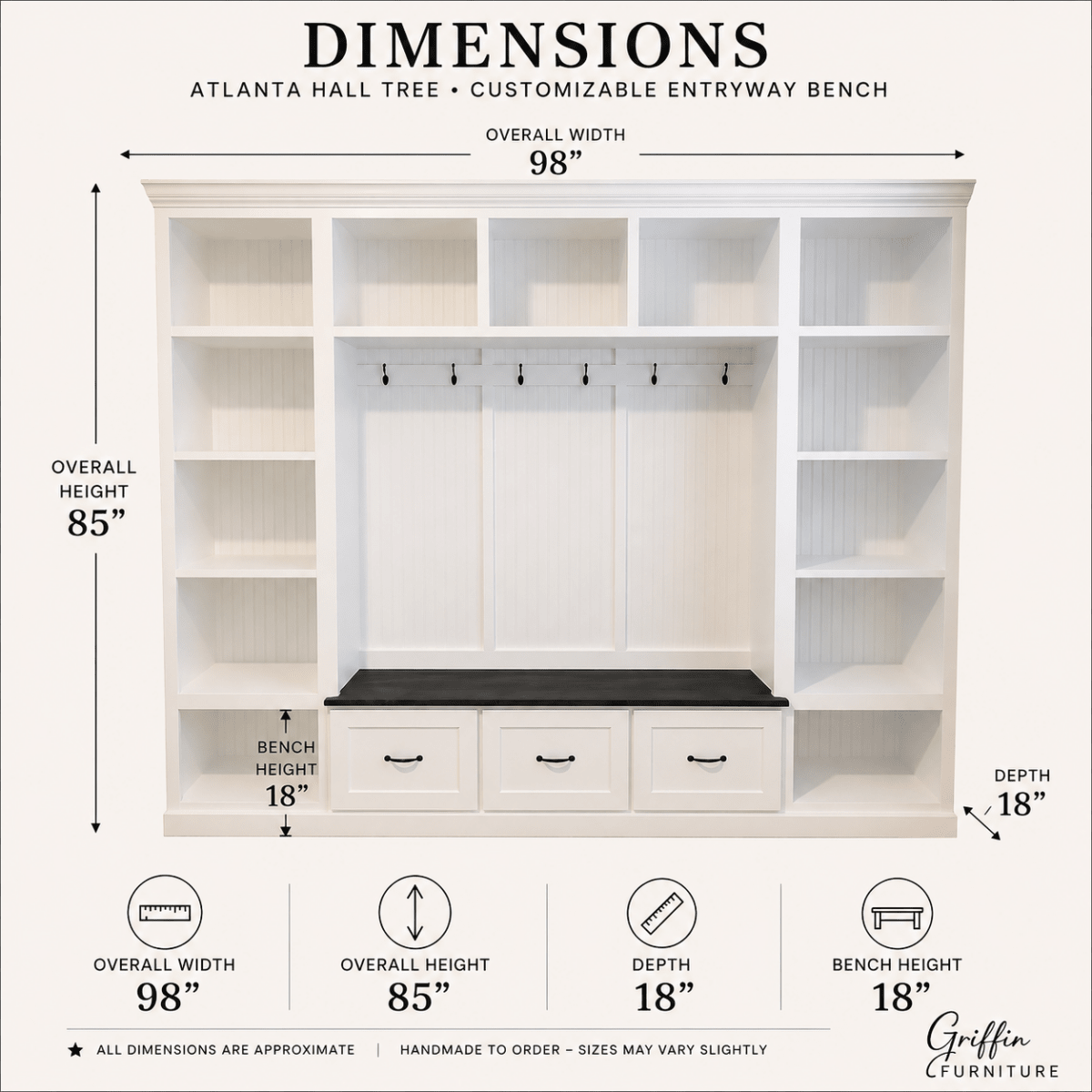 Atlanta Entryway Shoe Storage Bench | Standing Coat Rack | Entryway Furniture | Shoe Cabinet | Mudroom Bench | Hall Tree