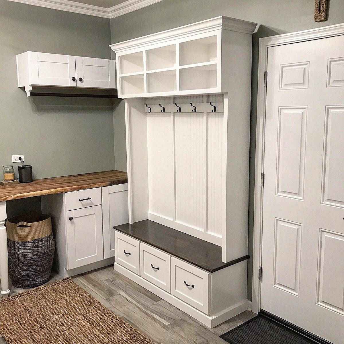 Branson 3-Section Entryway Bench with Shoe Drawers & Coat Hooks | Handcrafted Wood Hall Tree