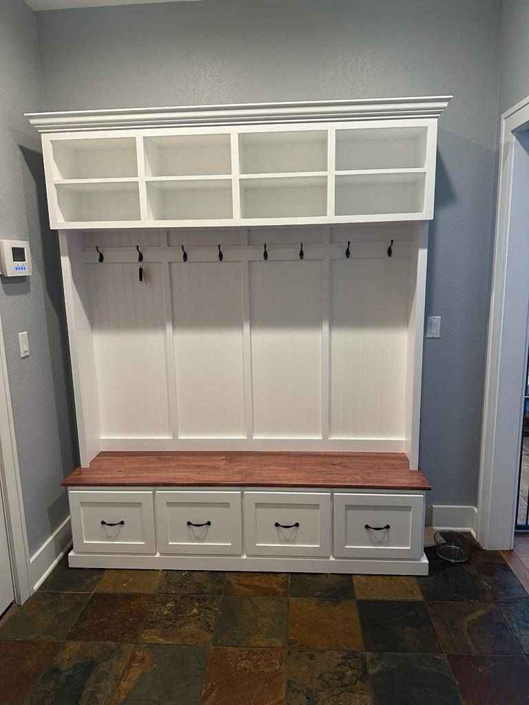 Branson 4-Section Mudroom Bench with Shoe Drawers & Coat Hooks | Handcrafted Wood Hall Tree