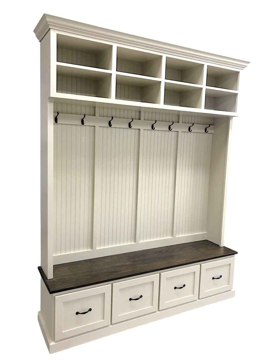 Branson 4-Section Mudroom Bench with Shoe Drawers & Coat Hooks | Handcrafted Wood Hall Tree