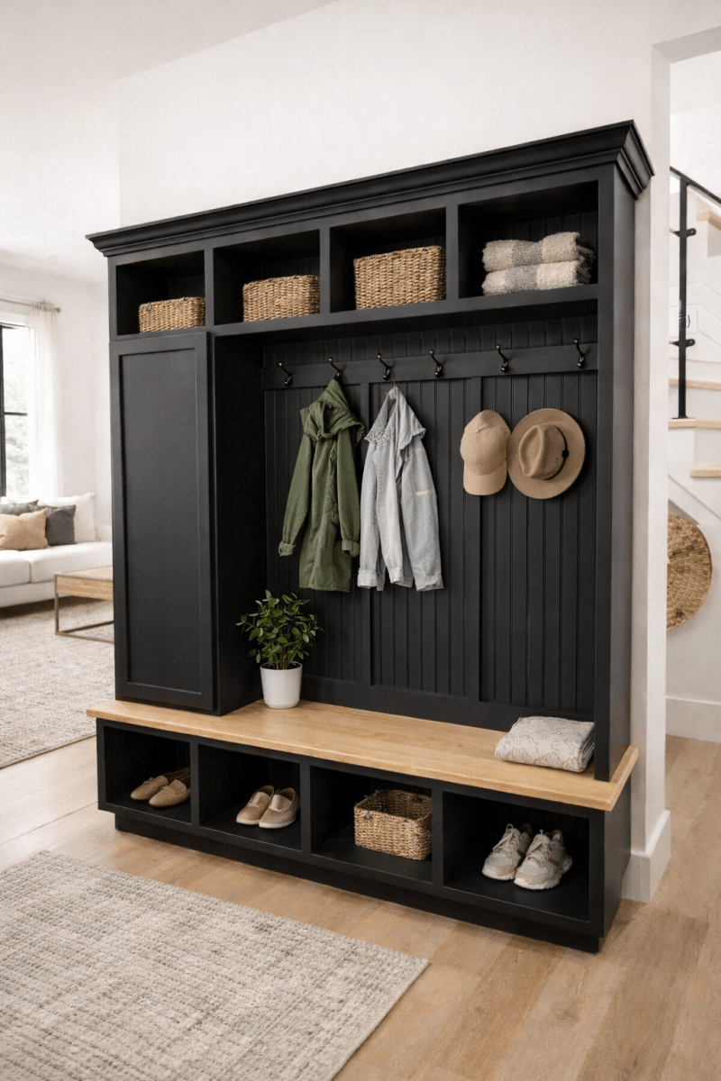 Dallas Hall Tree Bench with Coat Rack | 4-Section Mudroom Storage Solution | Custom Mudroom Furniture
