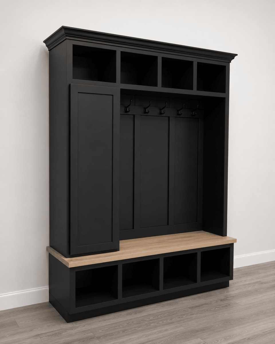 Dallas Hall Tree Bench with Coat Rack | 4-Section Mudroom Storage Solution | Custom Mudroom Furniture