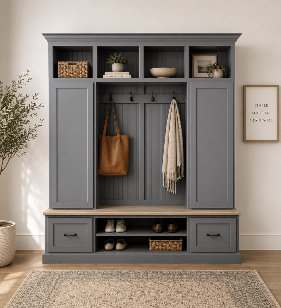 Florida Mudroom Locker Bench with Hall Tree | Custom Storage Solution for Entryways