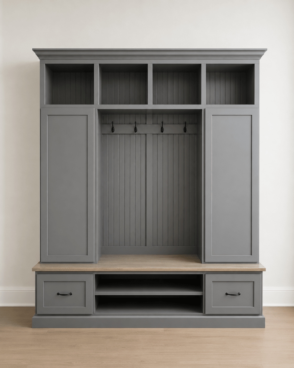 Florida Mudroom Locker Bench with Hall Tree | Custom Storage Solution for Entryways