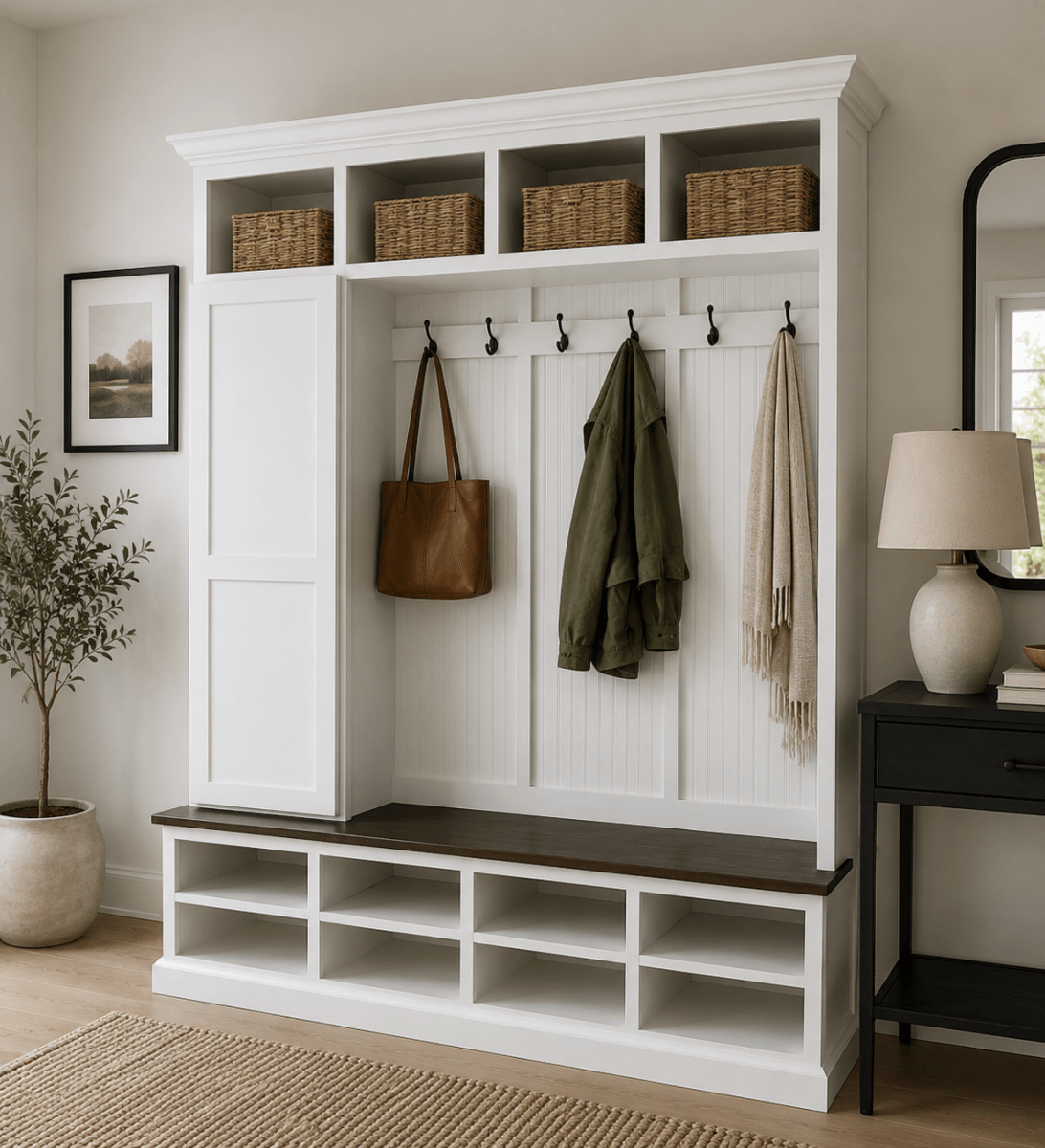 Fort Myers Entryway Shoe Cabinet | 4-Section Hall Tree Bench & Mudroom Storage