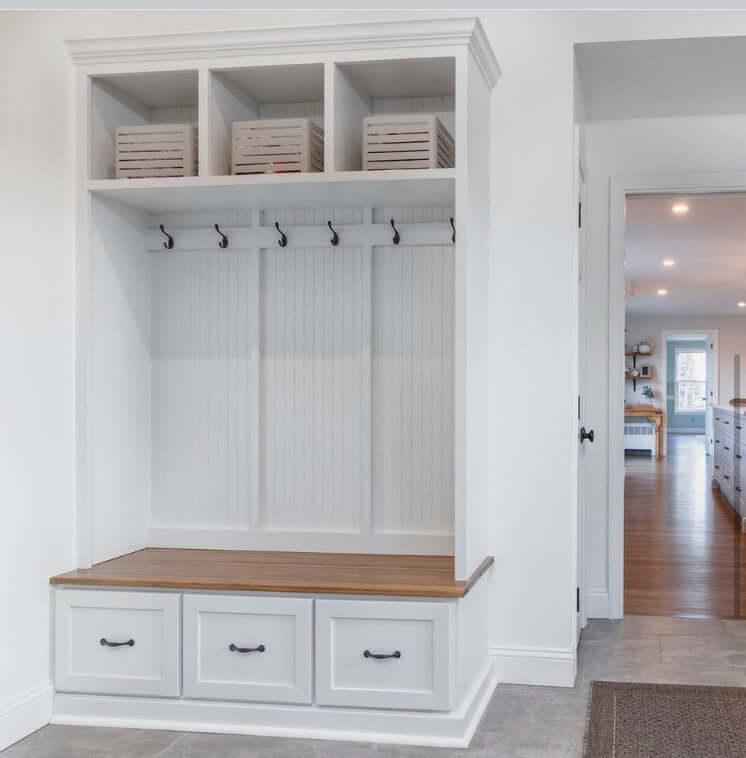 Georgia 3-Section Wood Entryway Bench with Coat Hooks & Soft-Close Drawers | Handcrafted Hall Tree