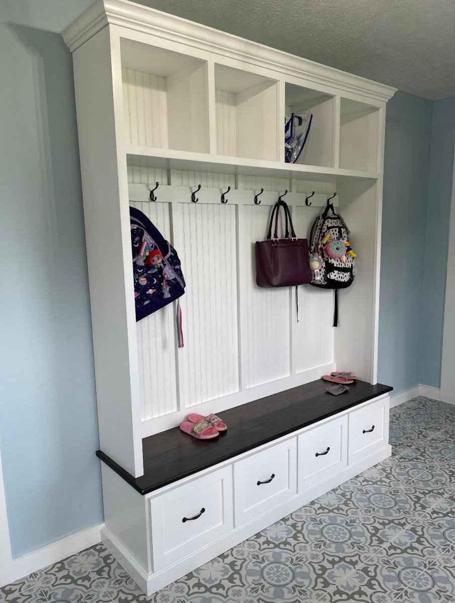 Georgia 4-Section Mudroom Bench with Shoe Drawers & Coat Hooks | Handcrafted Wood Hall Tree