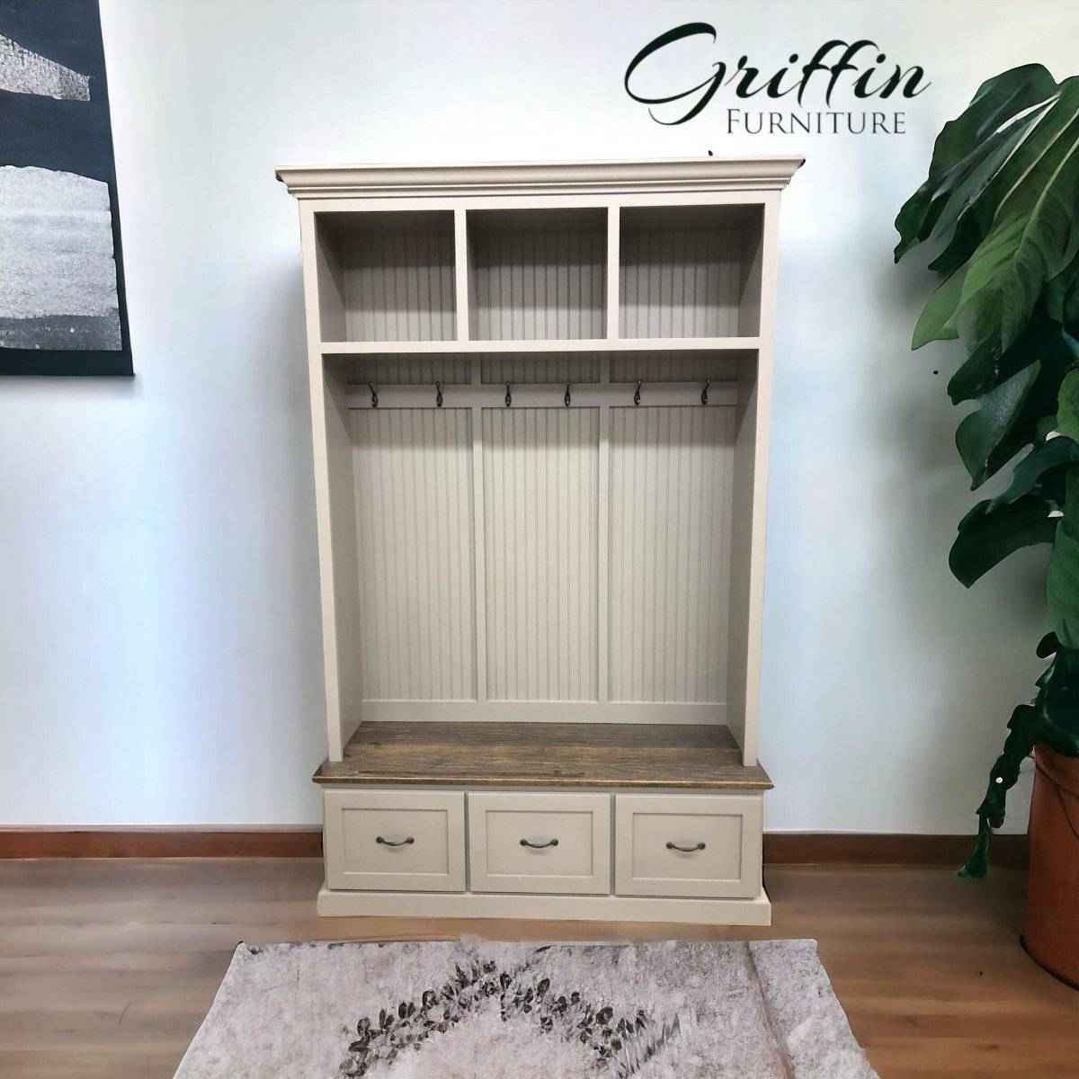 Georgia Entryway Hall Tree with Shoe Cabinet & Coat Hooks | Handcrafted Custom Mudroom Bench