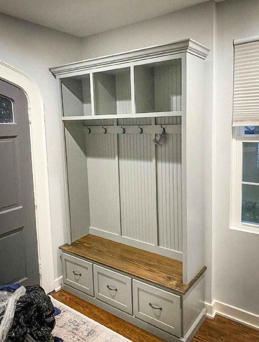 Georgia Entryway Hall Tree with Shoe Cabinet & Coat Hooks | Handcrafted Custom Mudroom Bench