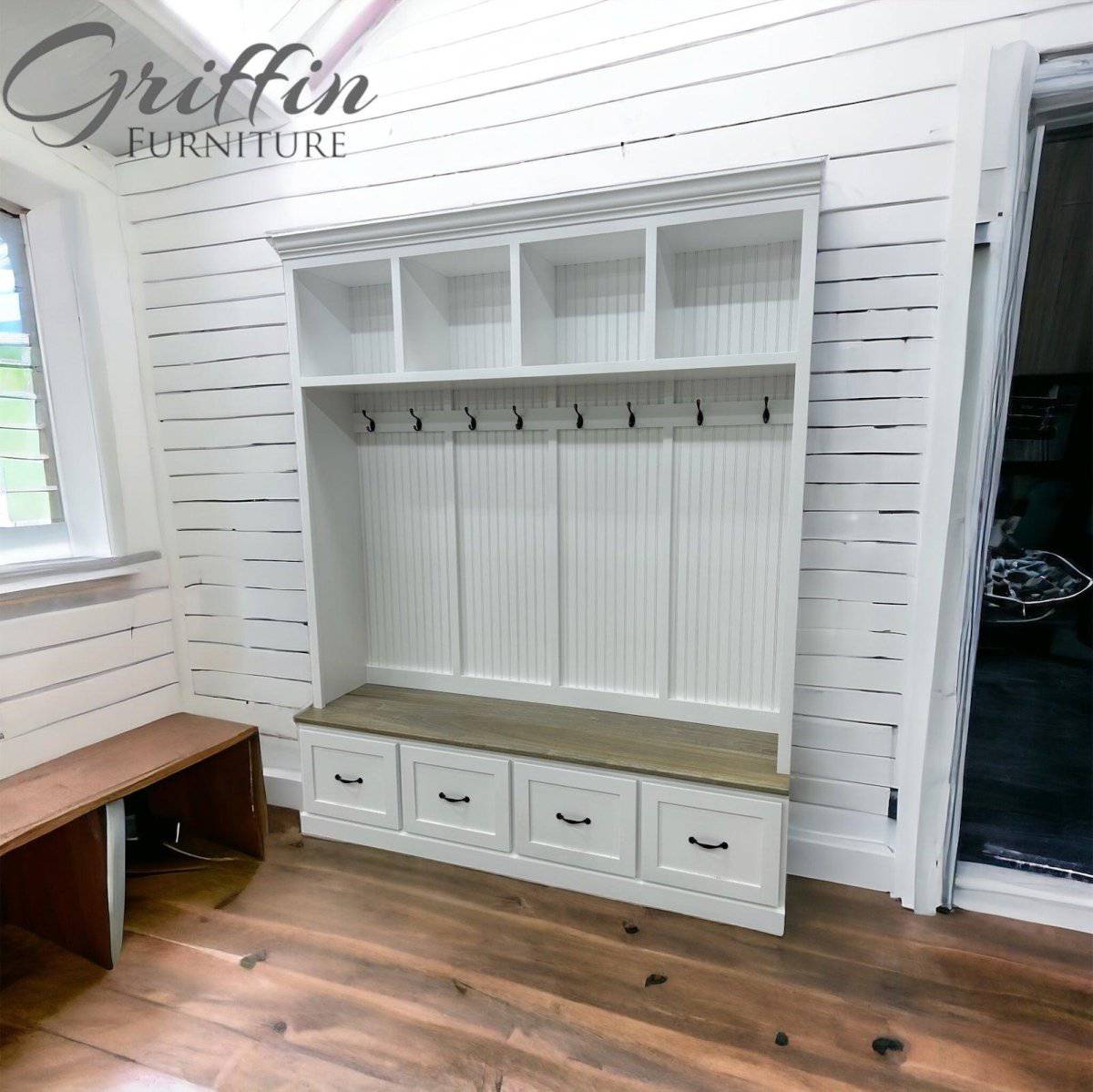 Georgia Hall Tree | Entryway Bench with Shoe Storage | Wall Mount Coat Rack | Mudroom Furniture | Storage Bench (4 section).