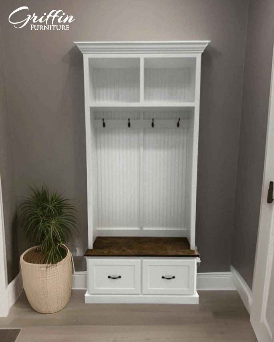 Georgia 2-Section Hall Tree with Shoe Drawers & Coat Hooks | Handcrafted Wood Entryway Bench