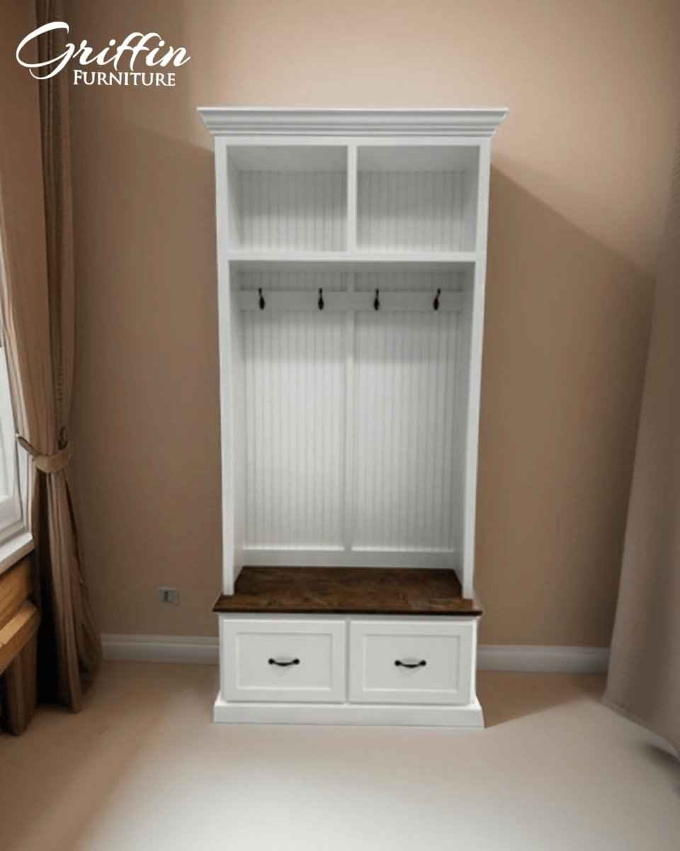 Georgia 2-Section Hall Tree with Shoe Drawers & Coat Hooks | Handcrafted Wood Entryway Bench